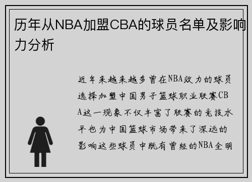 历年从NBA加盟CBA的球员名单及影响力分析