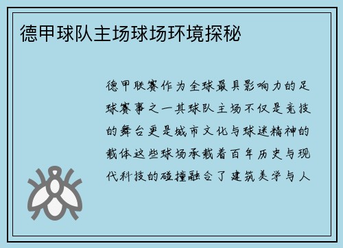 德甲球队主场球场环境探秘
